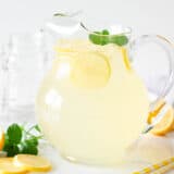 Homemade lemonade in a pitcher.