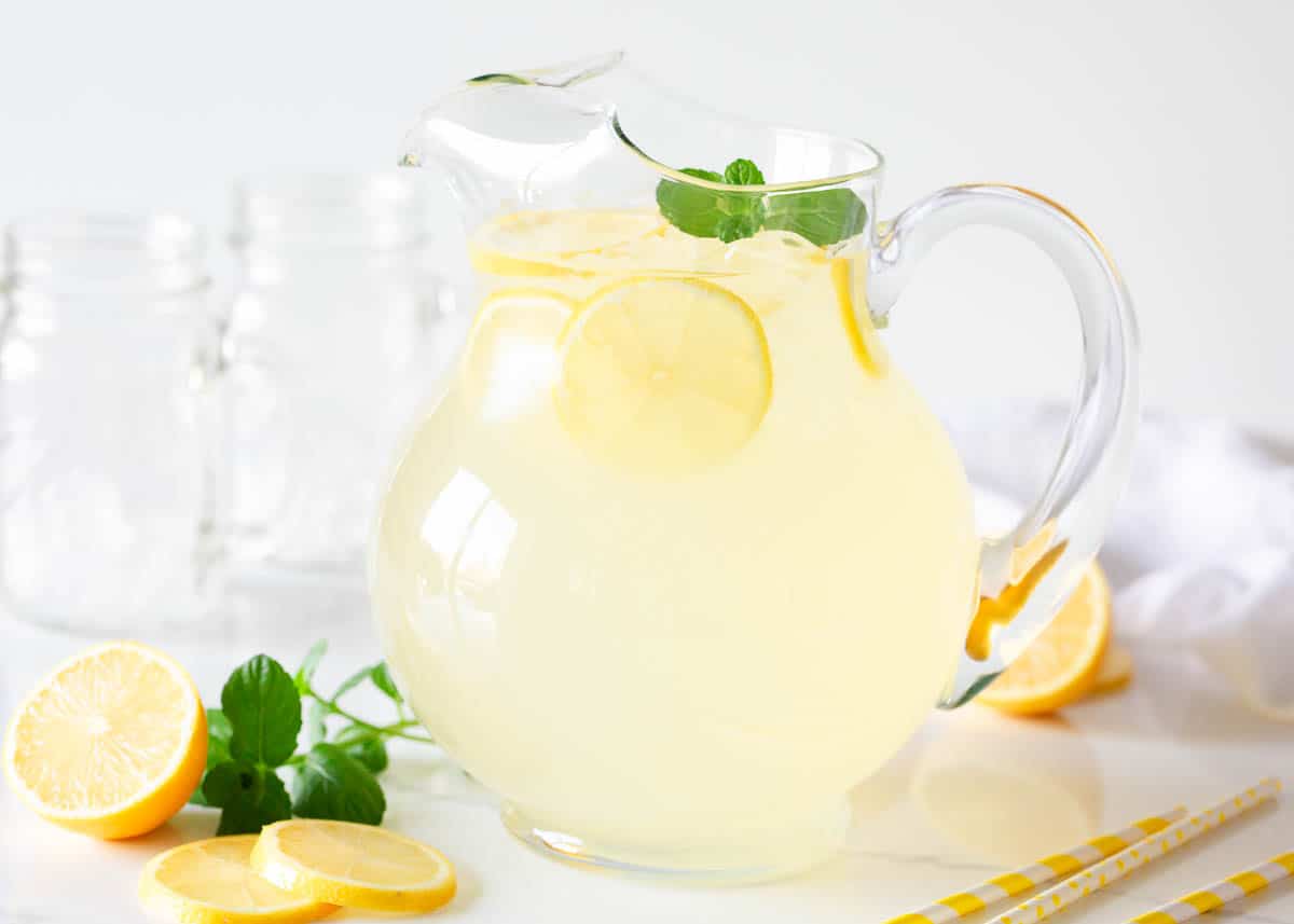 Homemade lemonade in a pitcher.