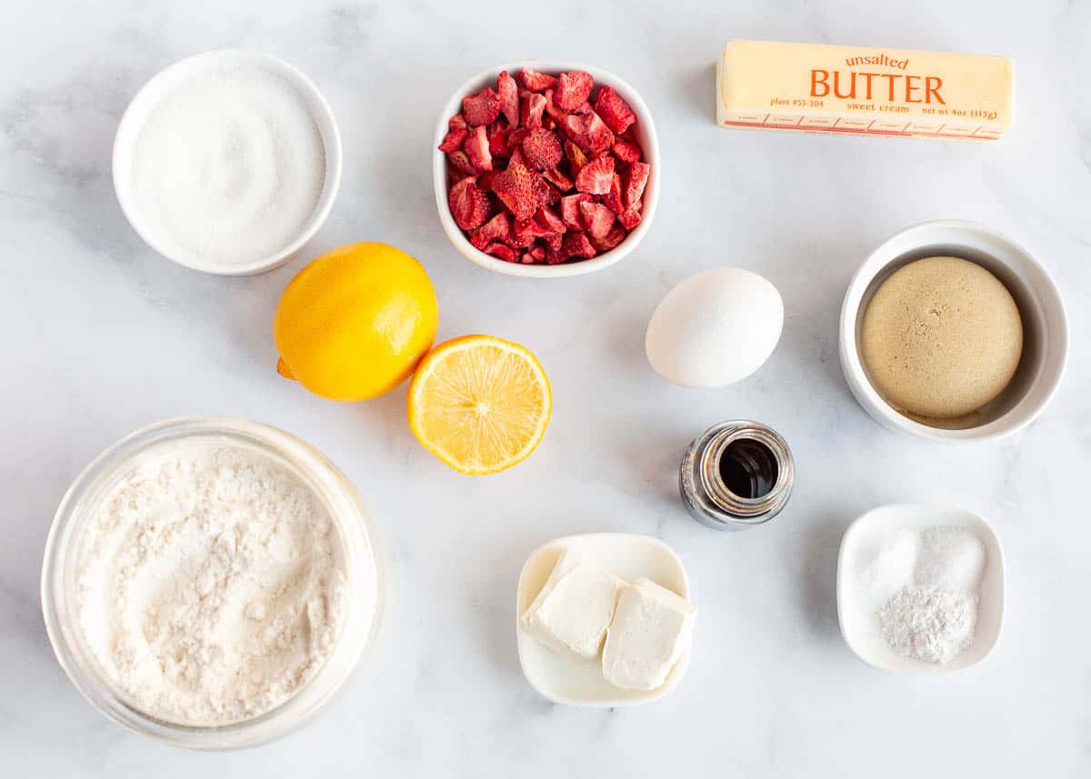 Strawberry cookie ingredients on the counter.