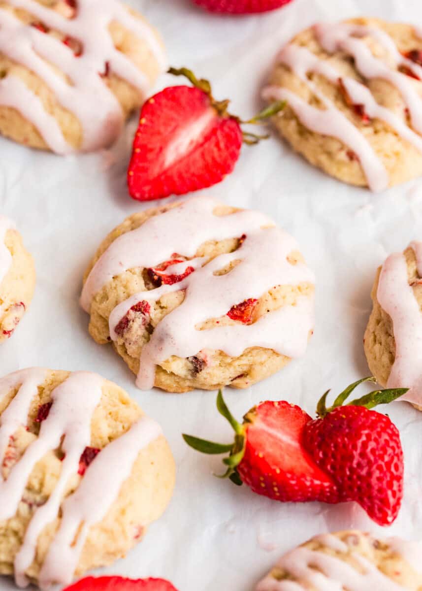 Strawberry cookies on the counter.