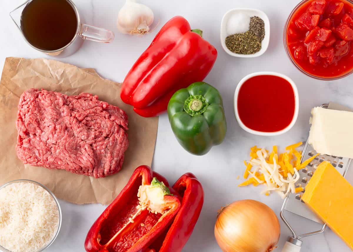 Stuffed pepper casserole ingredients on the counter.