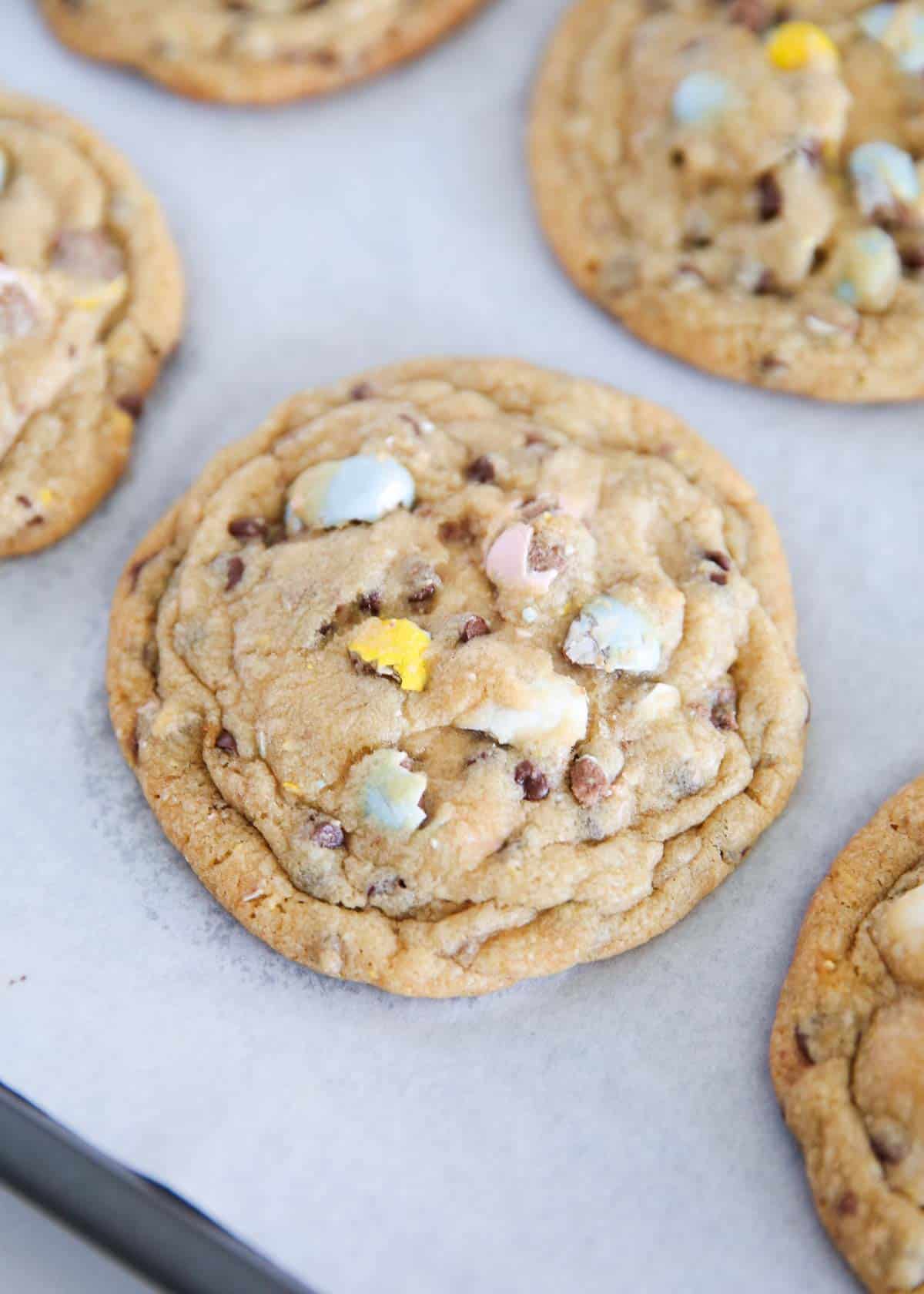 Cadbury egg cookies on a pan.