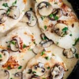 Chicken marsala in a skillet.