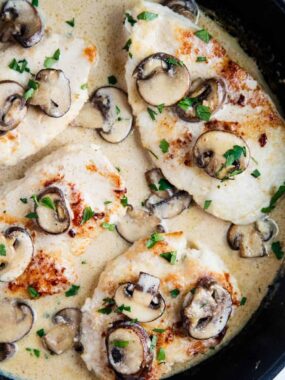 Chicken marsala in a skillet.