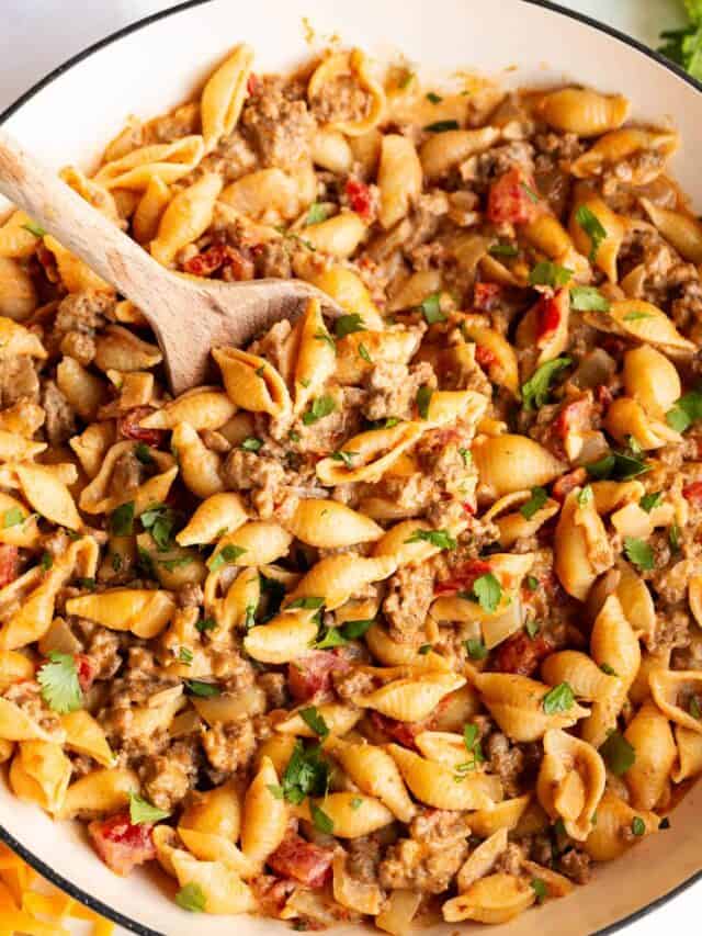 Taco pasta recipe cooked in a pot.