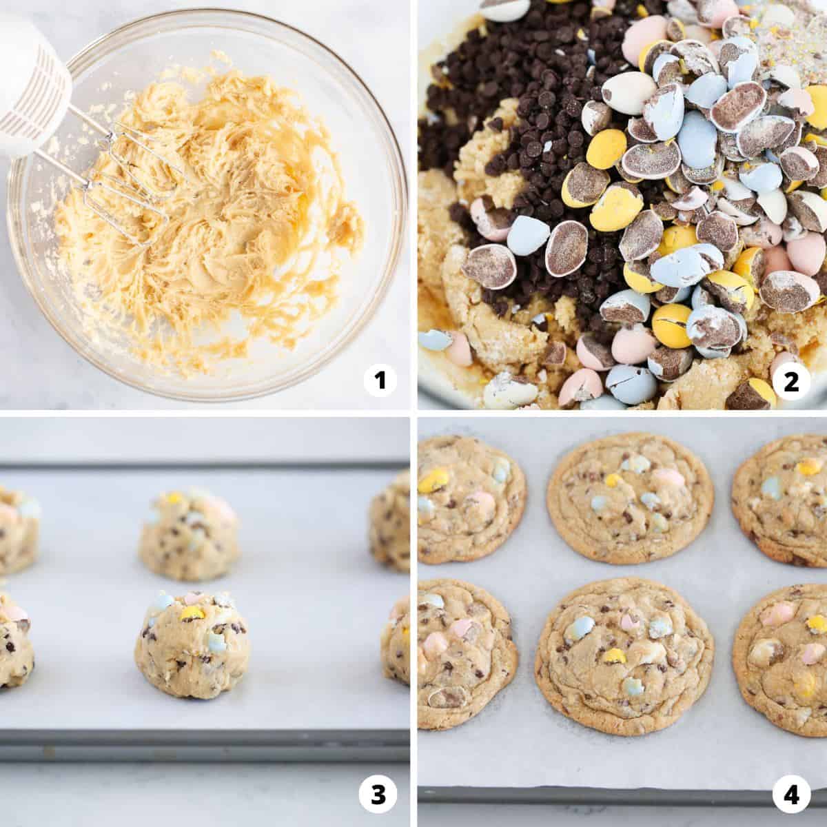 Showing how to make cadbury egg cookies in a 4 step collage. 