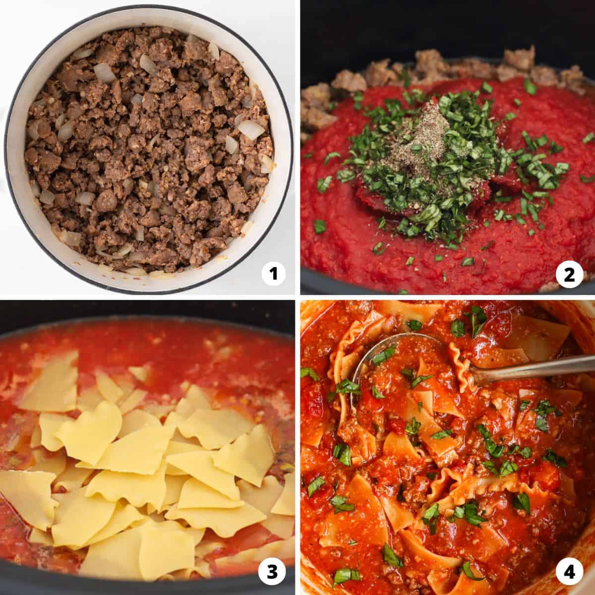 Showing how to make lasagna soup in a 4 step collage.