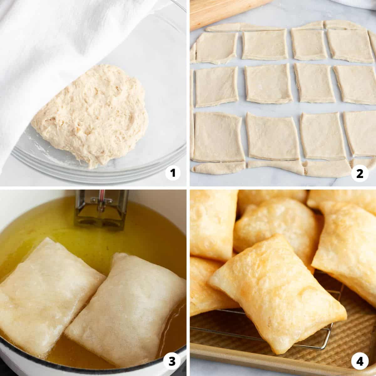 Showing how to make sopapillas in a 4 step collage.