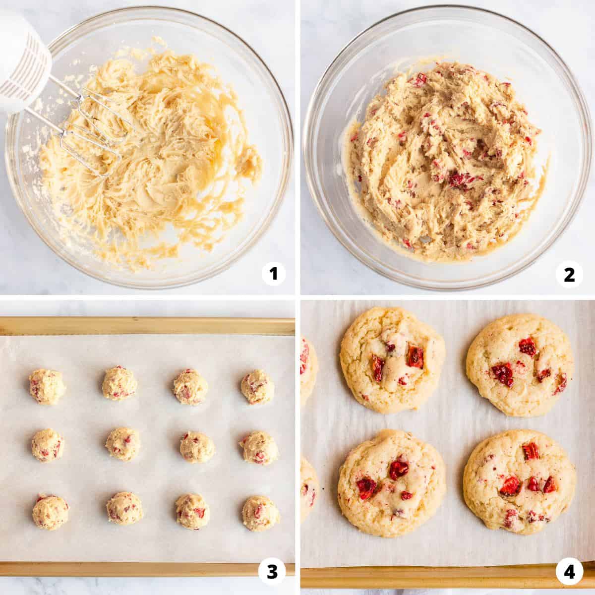 Showing how to make strawberry cookies in a 4 step collage.