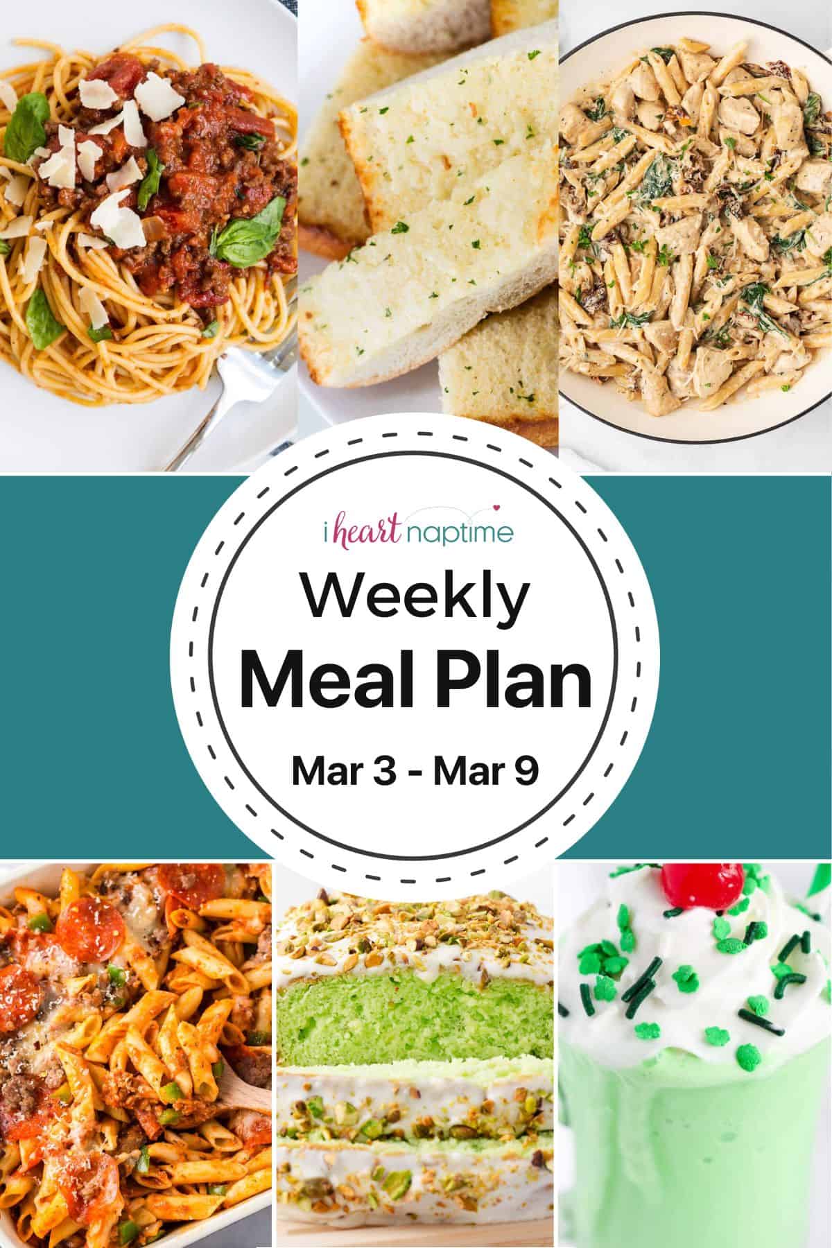 Photos of recipes for a weekly meal plan from I Heart Naptime.