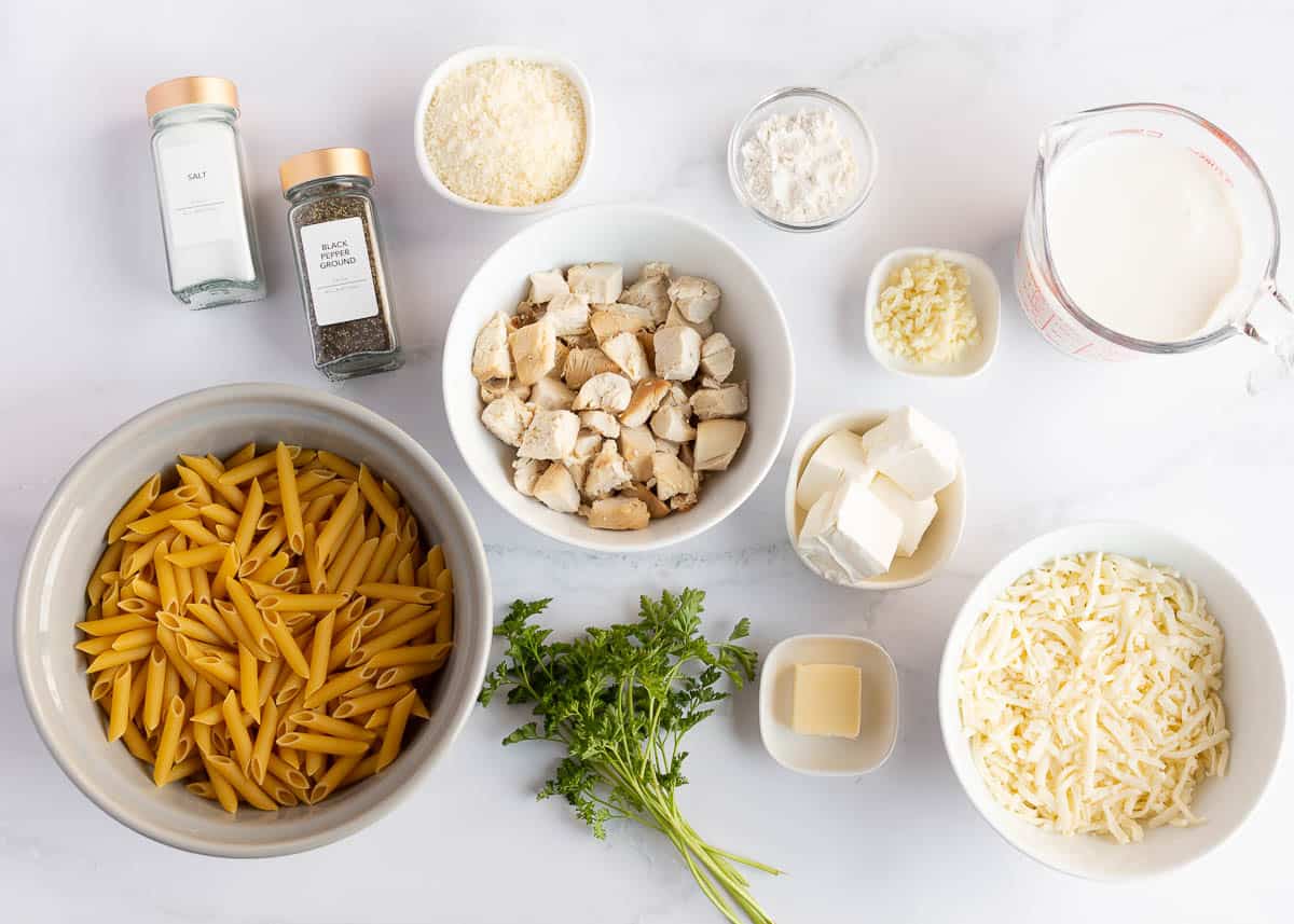 Chicken alfredo bake ingredients on the counter.