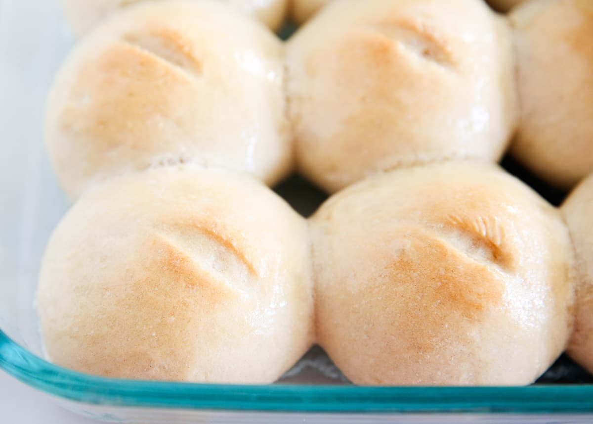 French bread rolls in baking dish.