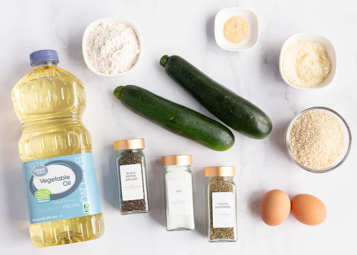 Fried zucchini ingredients on the counter.