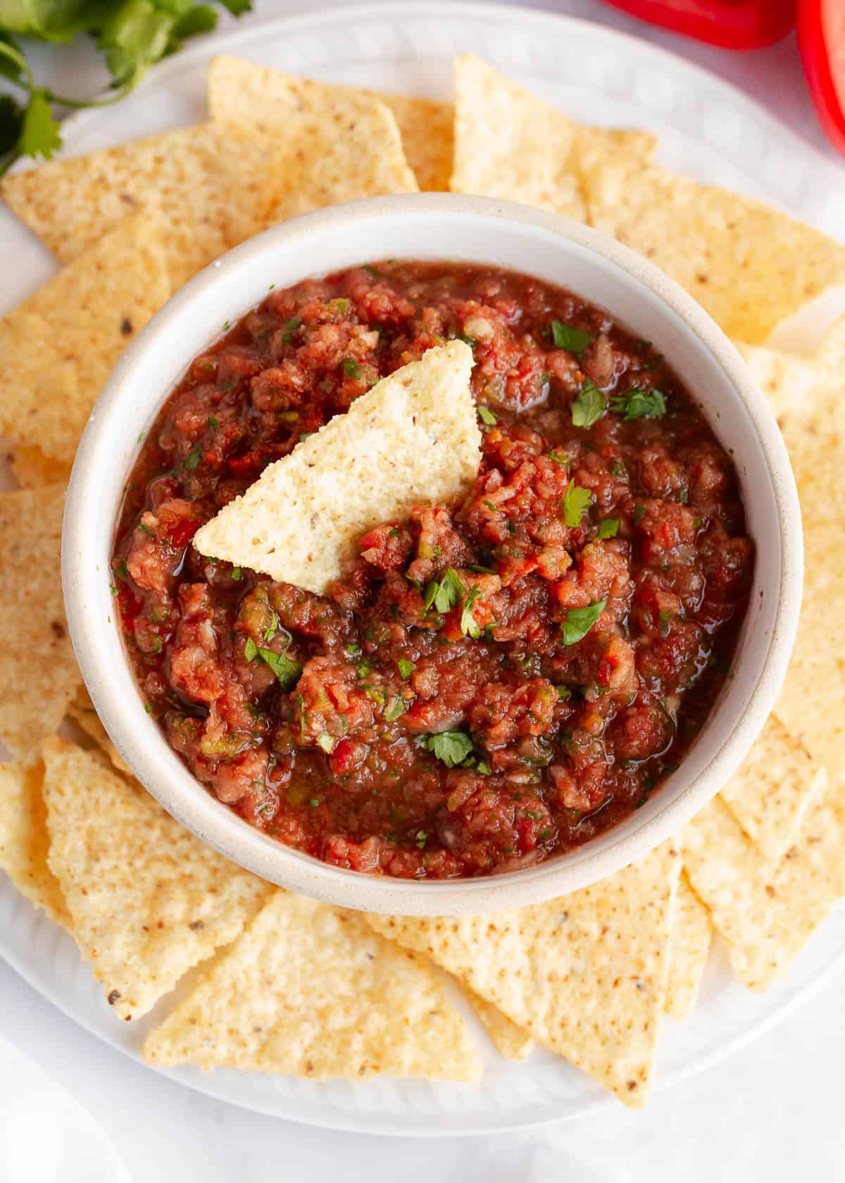 Homemade salsa and tortilla chips on a plate.