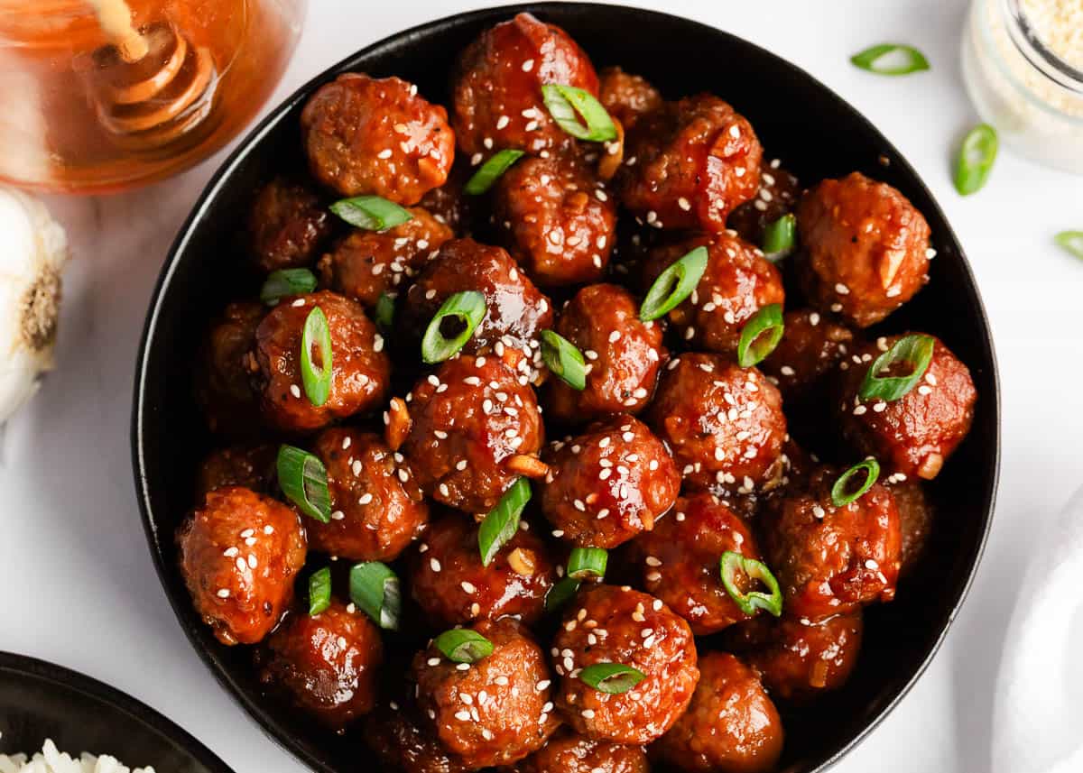 Honey garlic meatballs in a bowl.