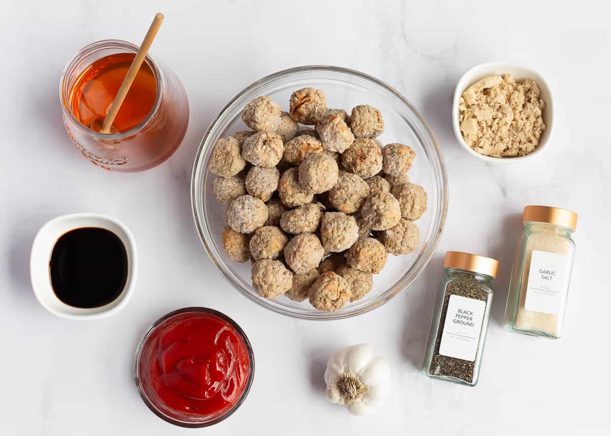 Honey garlic meatball ingredients on the counter.