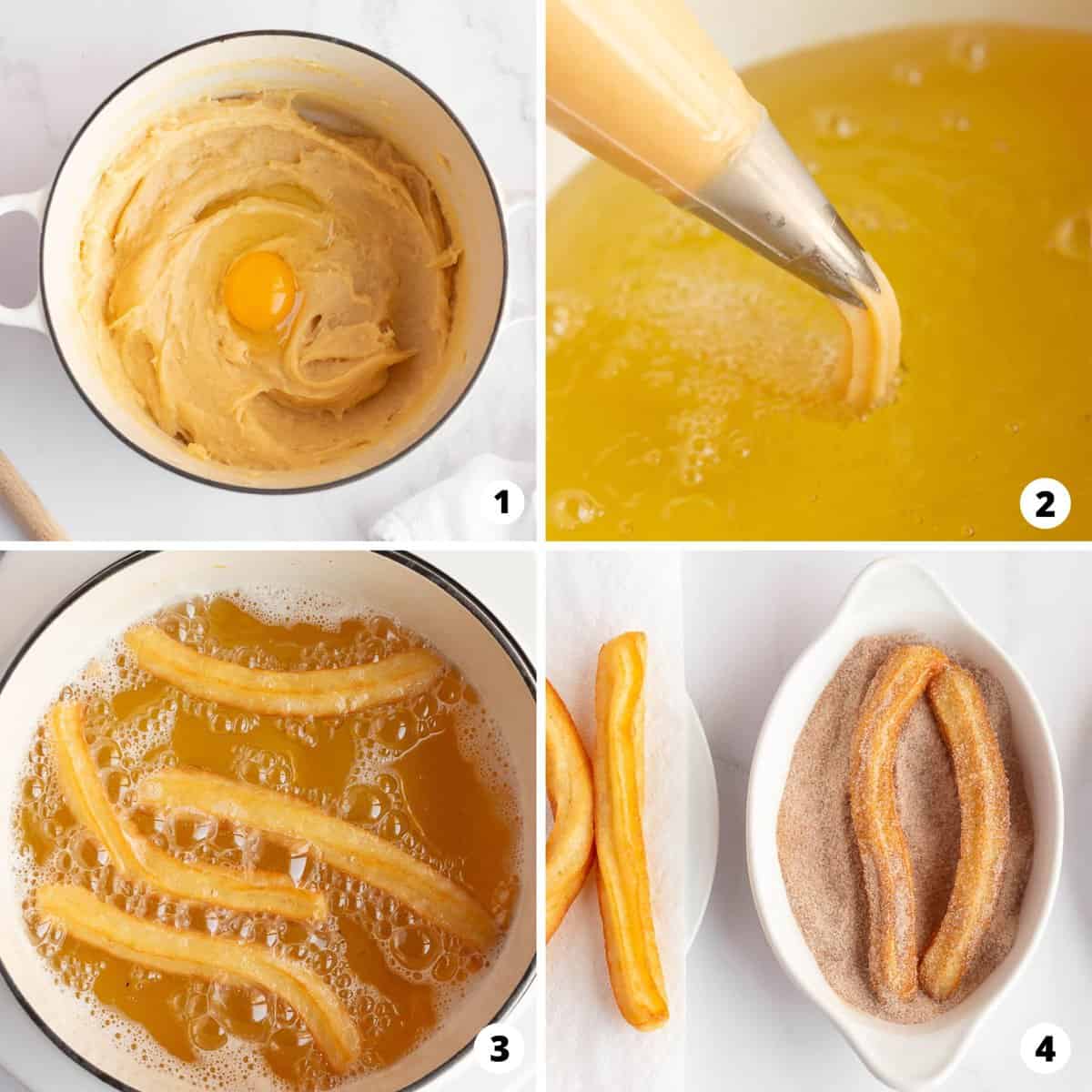 Showing how to make churros in a 4 step collage.