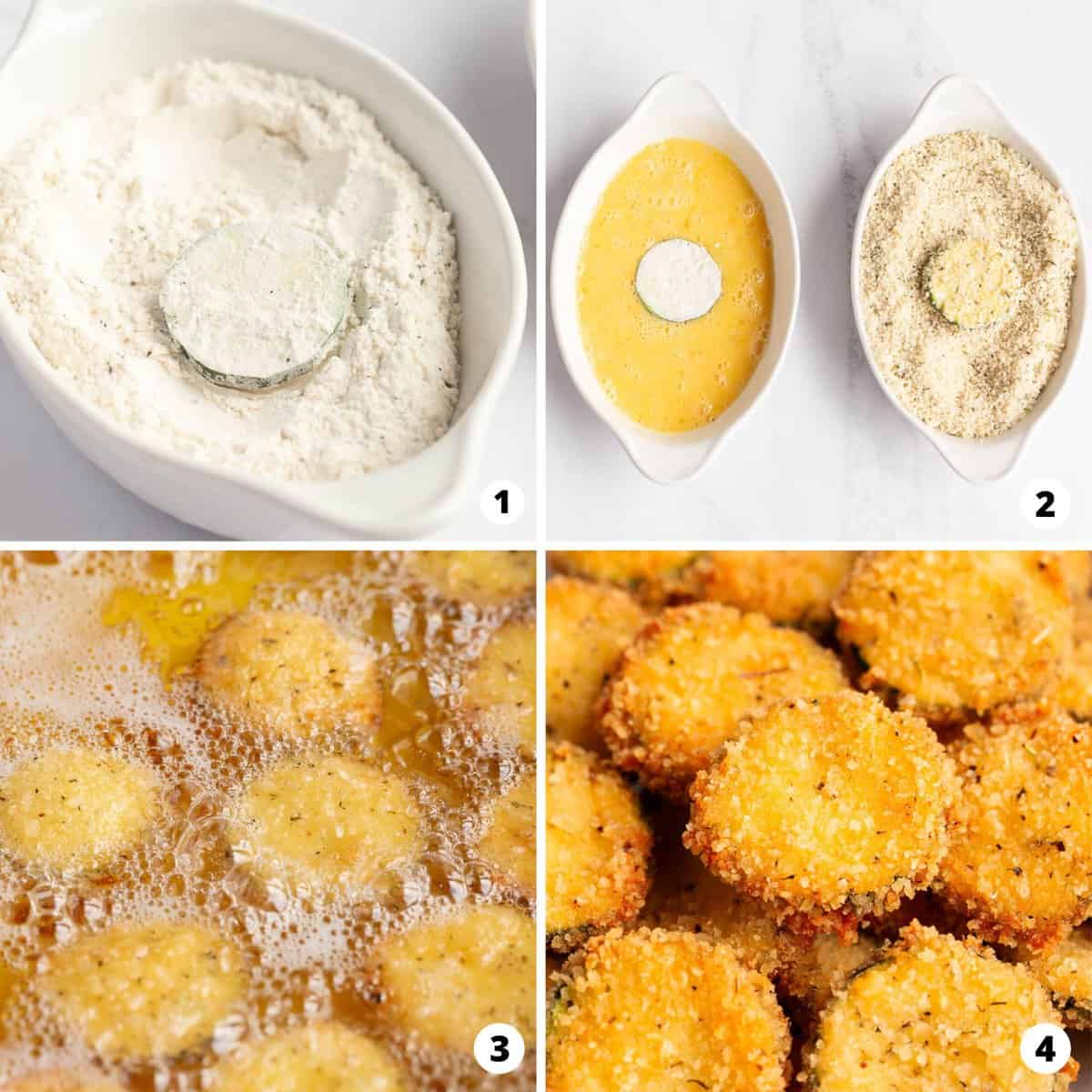 Showing how to make fried zucchini in a 4 step collage.