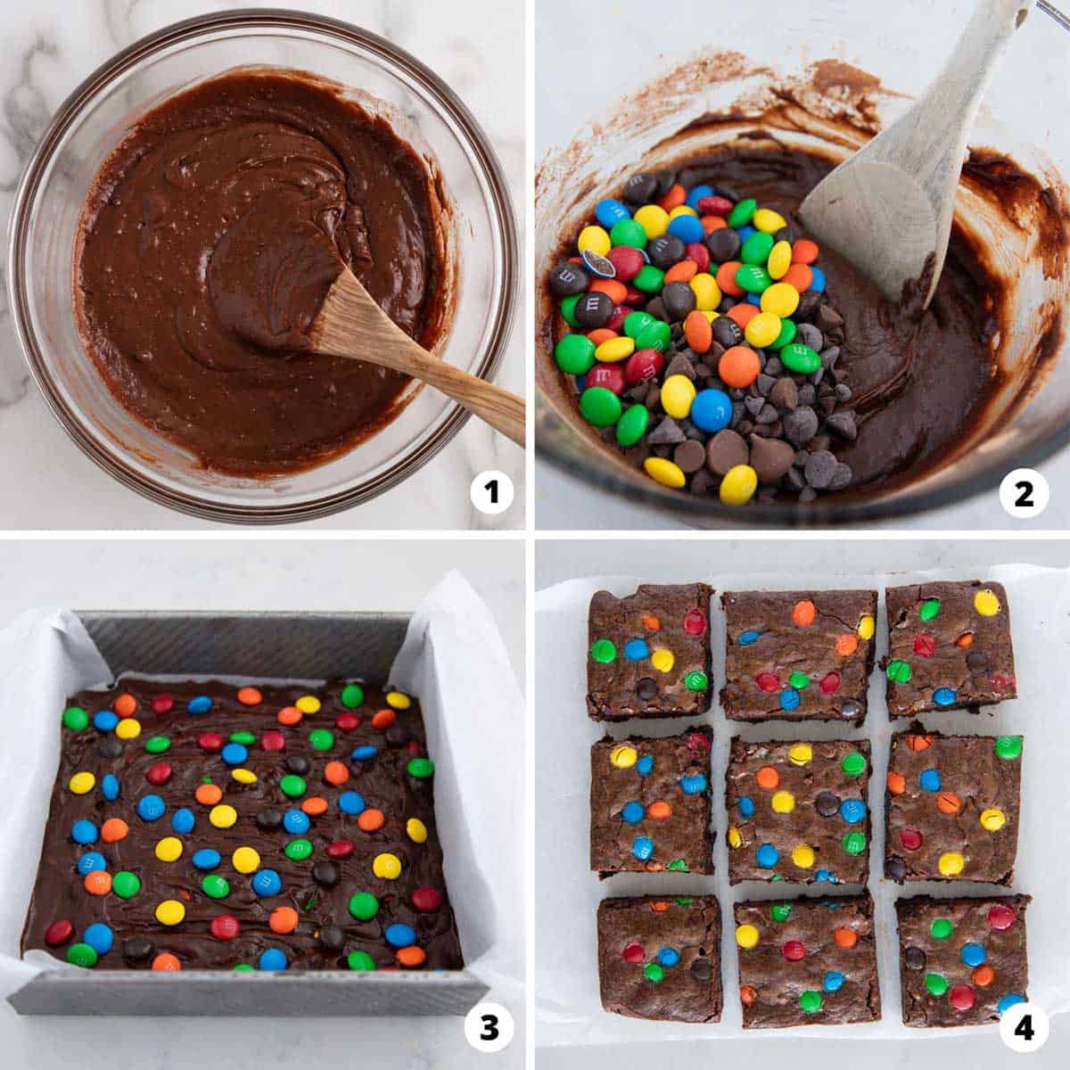 Showing how to make m&m brownies in a 4 step collage.