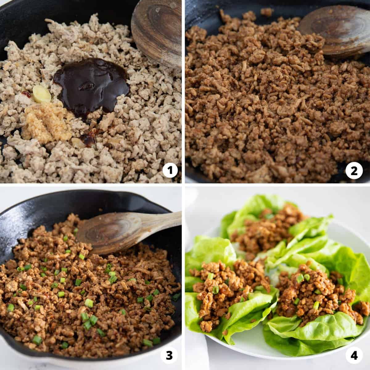 Showing how to make pf changs lettuce wraps in a 4 step collage.