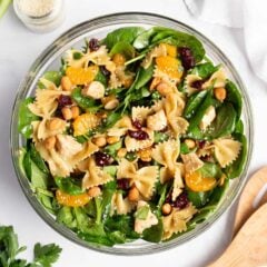 Spinach pasta salad in a bowl.