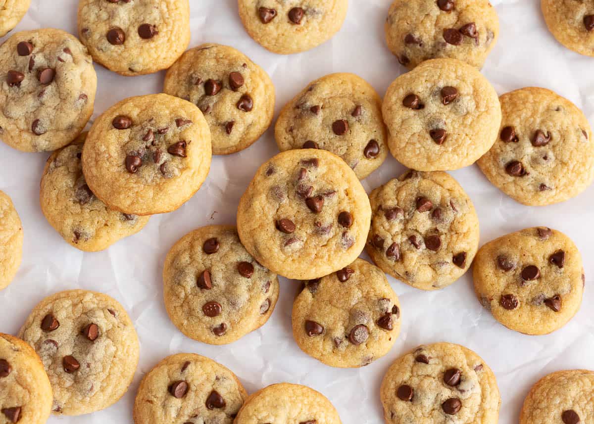 Stacked mini chocolate chip cookies.