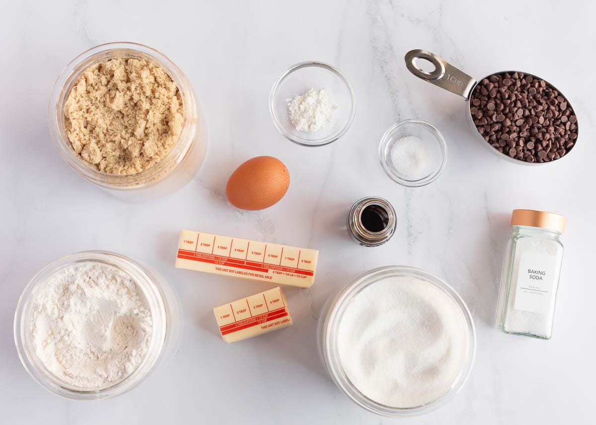 Mini chocolate chip cookie ingredients on the counter.