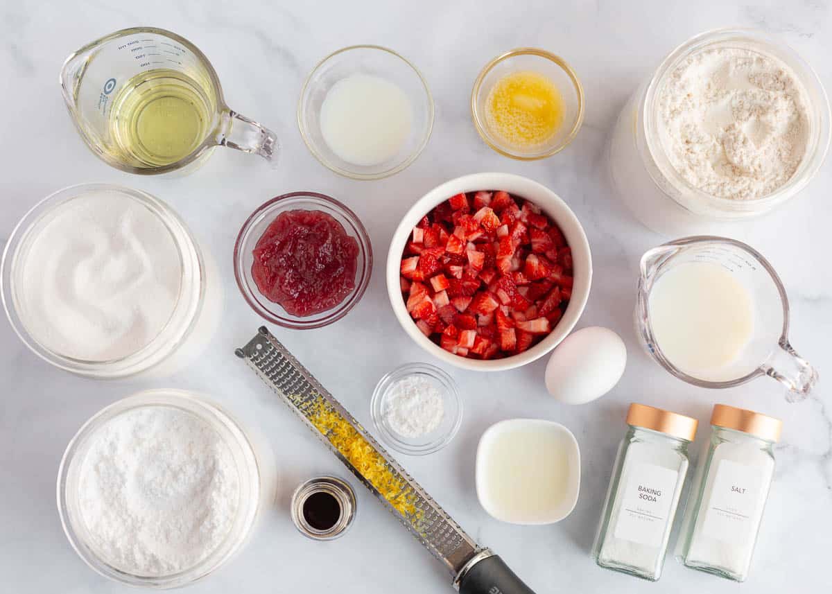Strawberry bread ingredients on the counter.