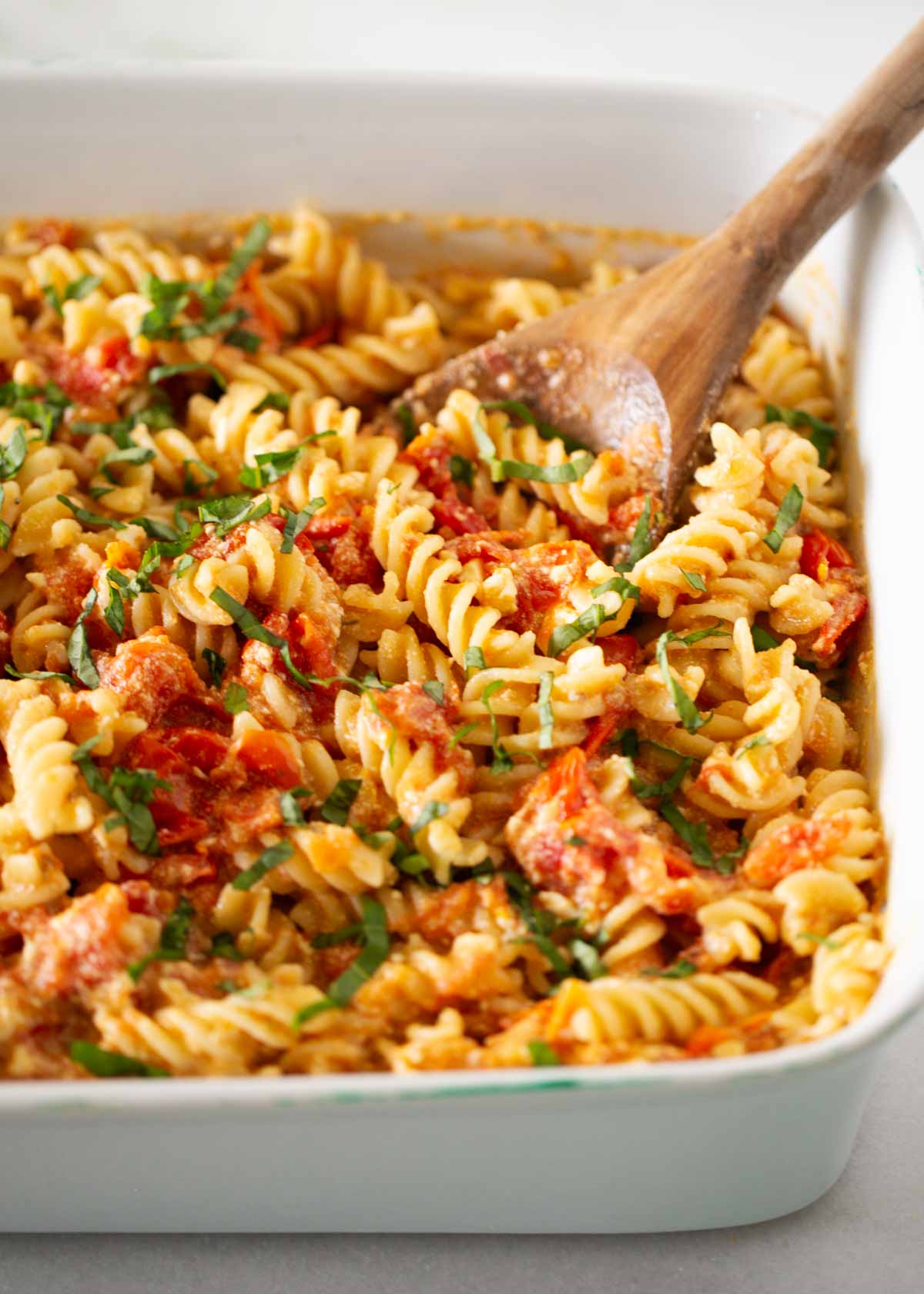 Baked feta pasta in a pan.