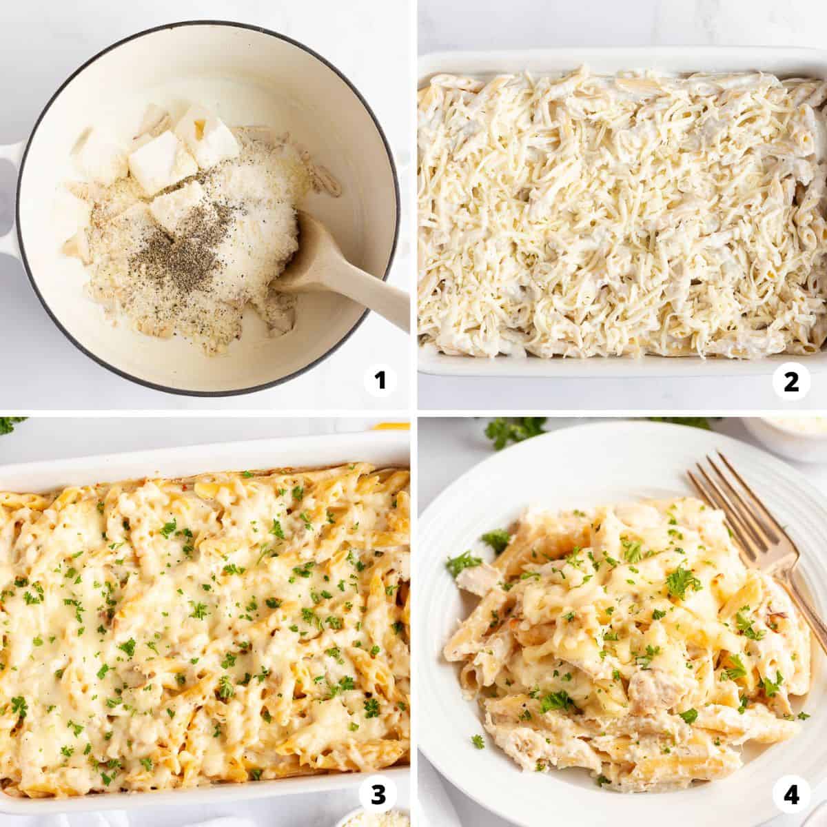 Showing how to make chicken alfredo bake in a collage.