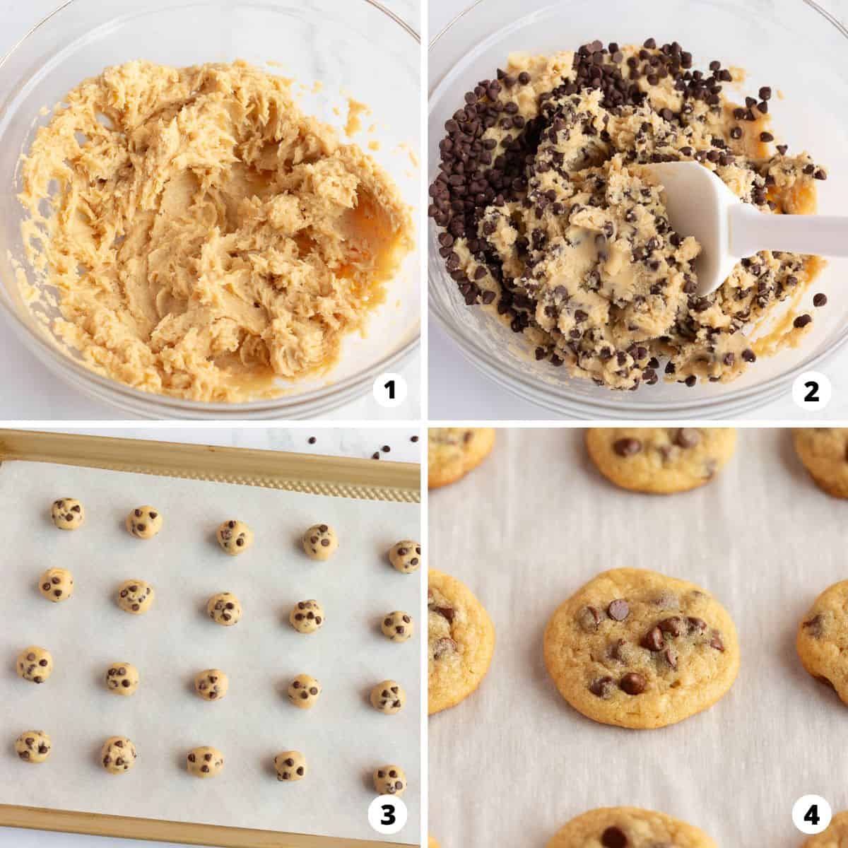 Showing how to make mini chocolate chip cookies in a 4 step collage.