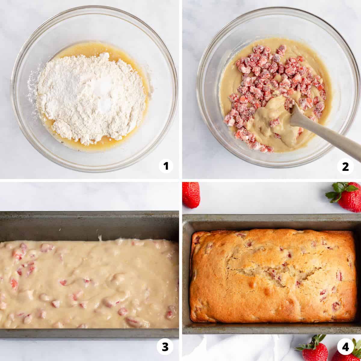 How to make strawberry bread in a 4 step collage.