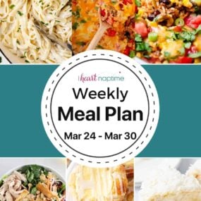 A collage of recipes for a weekly meal plan.