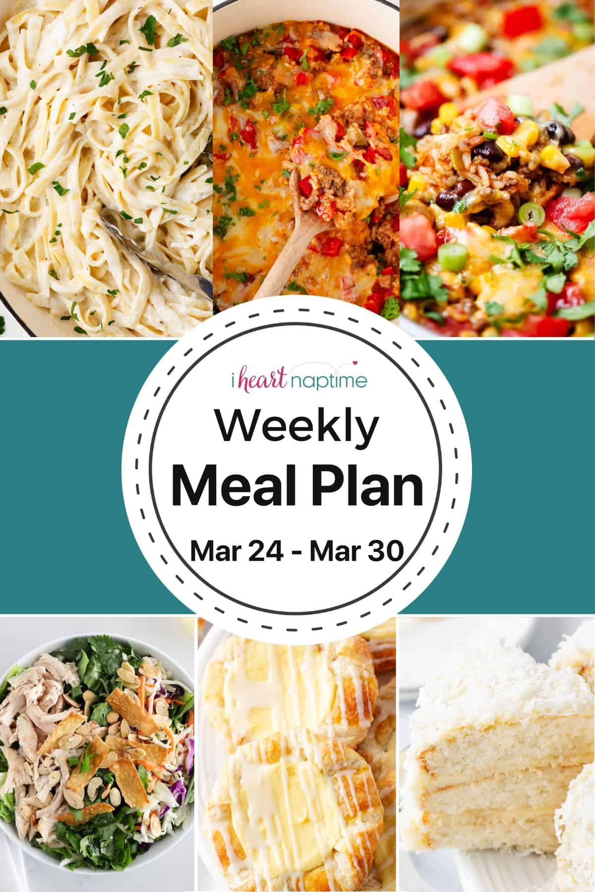 A collage of recipes for a weekly meal plan.