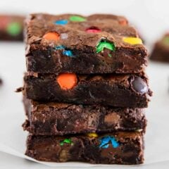 Stack of M&M brownies.
