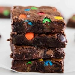 Stack of M&M brownies.