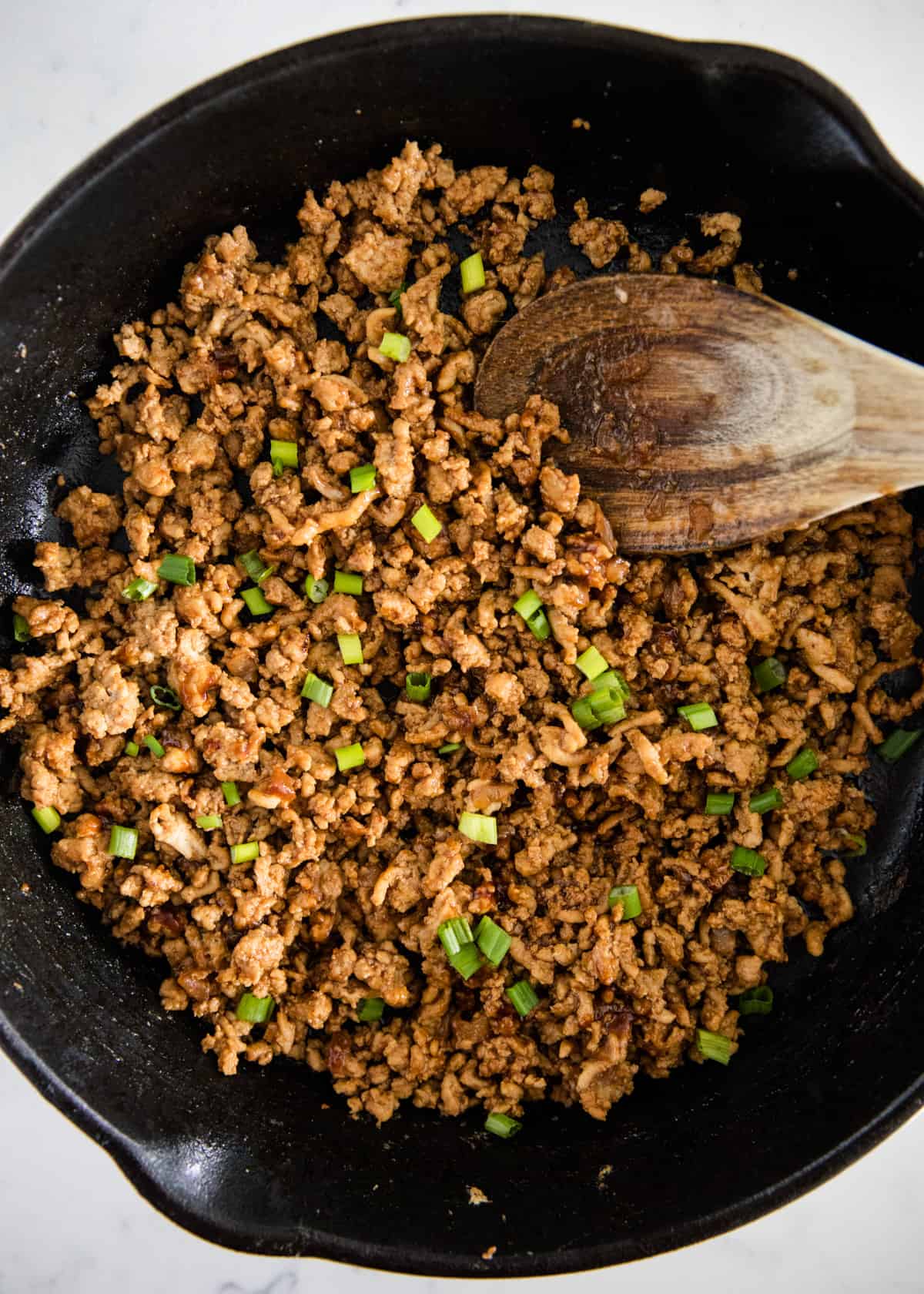 Pf Changs chicken lettuce wrap filling in a pan. 