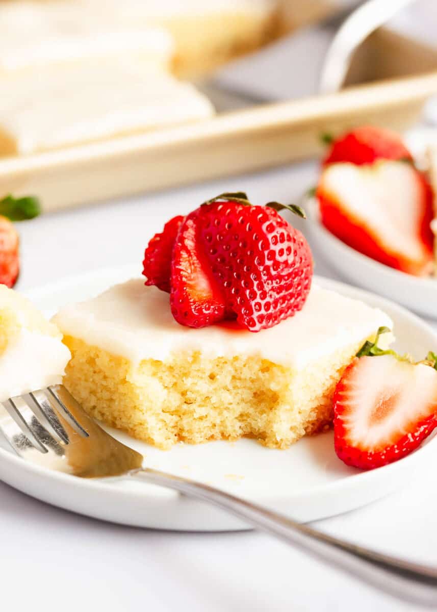 White texas sheet cake on a pan.