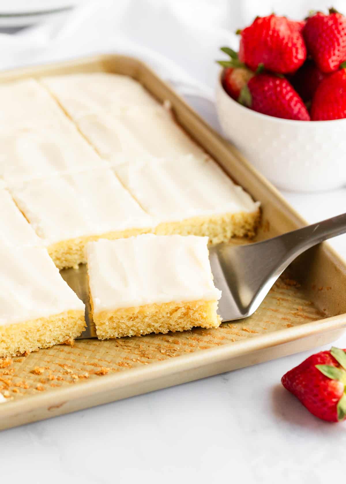 White texas sheet cake on the baking sheet.