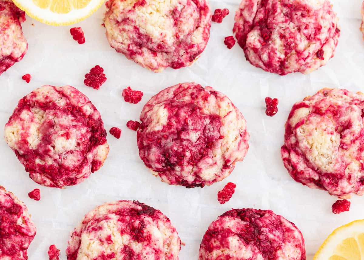 Raspberry cookies on the countertop.