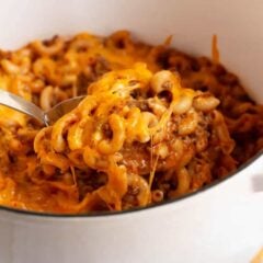 Cheeseburger casserole in a pot.