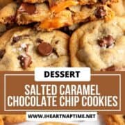 A pile of salted caramel chocolate chip cookies and then one on the counter with a bite missing.