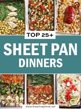 A collage of recipe photos with sheet pan dinners.