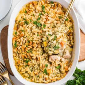 Chicken and stuffing casserole in a baking dish.