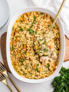Chicken and stuffing casserole in a baking dish.