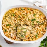Chicken and stuffing casserole in a baking dish.