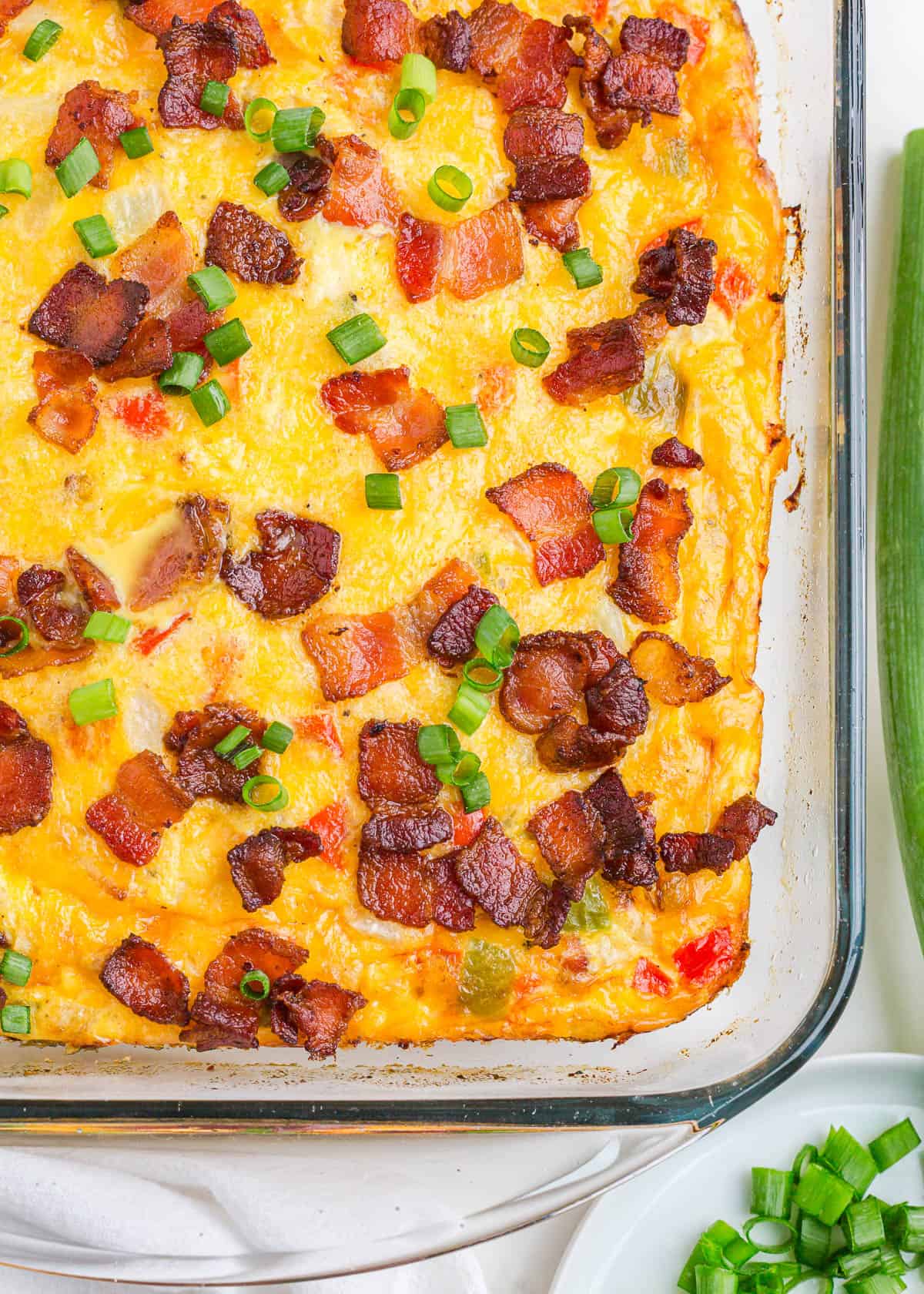Egg and potato casserole in baking dish.