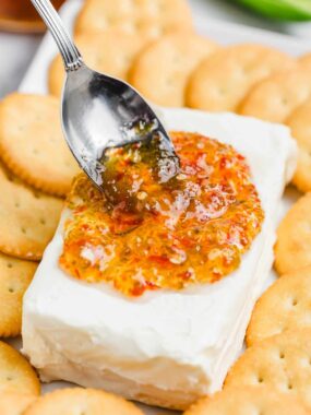 Jalepeno jelly over cream cheese and crackers.