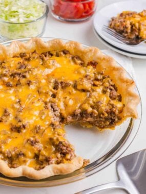 Taco pie in a glass dish.