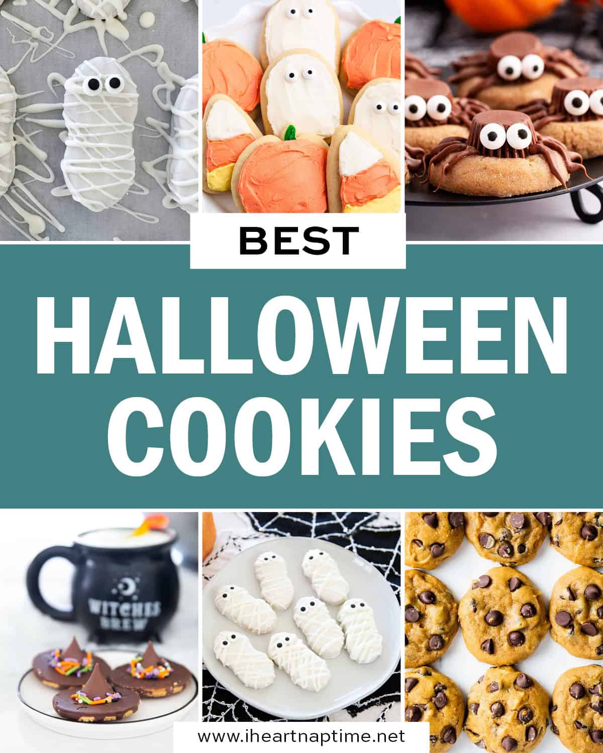 These Halloween cookie recipes are frighteningly delicious and will put you in the Halloween spirit whether you enjoy baking with spooky sprinkles or seasonal candy. Photo collage of I Heart Naptime Halloween cookie recipes.
